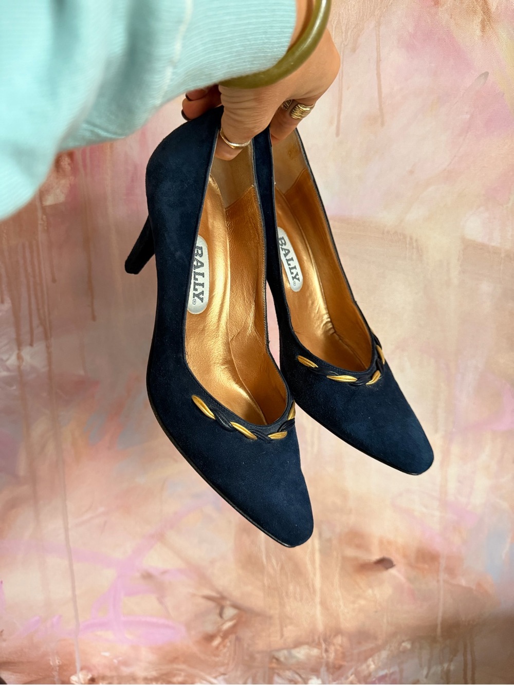 Bally Navy Suede Pointed Toe Pumps with Gold Trim